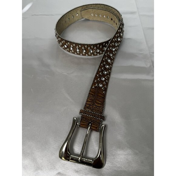 Guess Womens Rhinestone Brown Croc-Embossed Leather Belt 39 - Picture 2 of 6